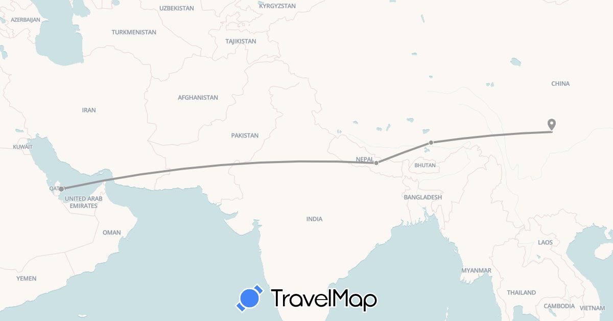 TravelMap itinerary: driving, plane in China, Nepal, Qatar (Asia)